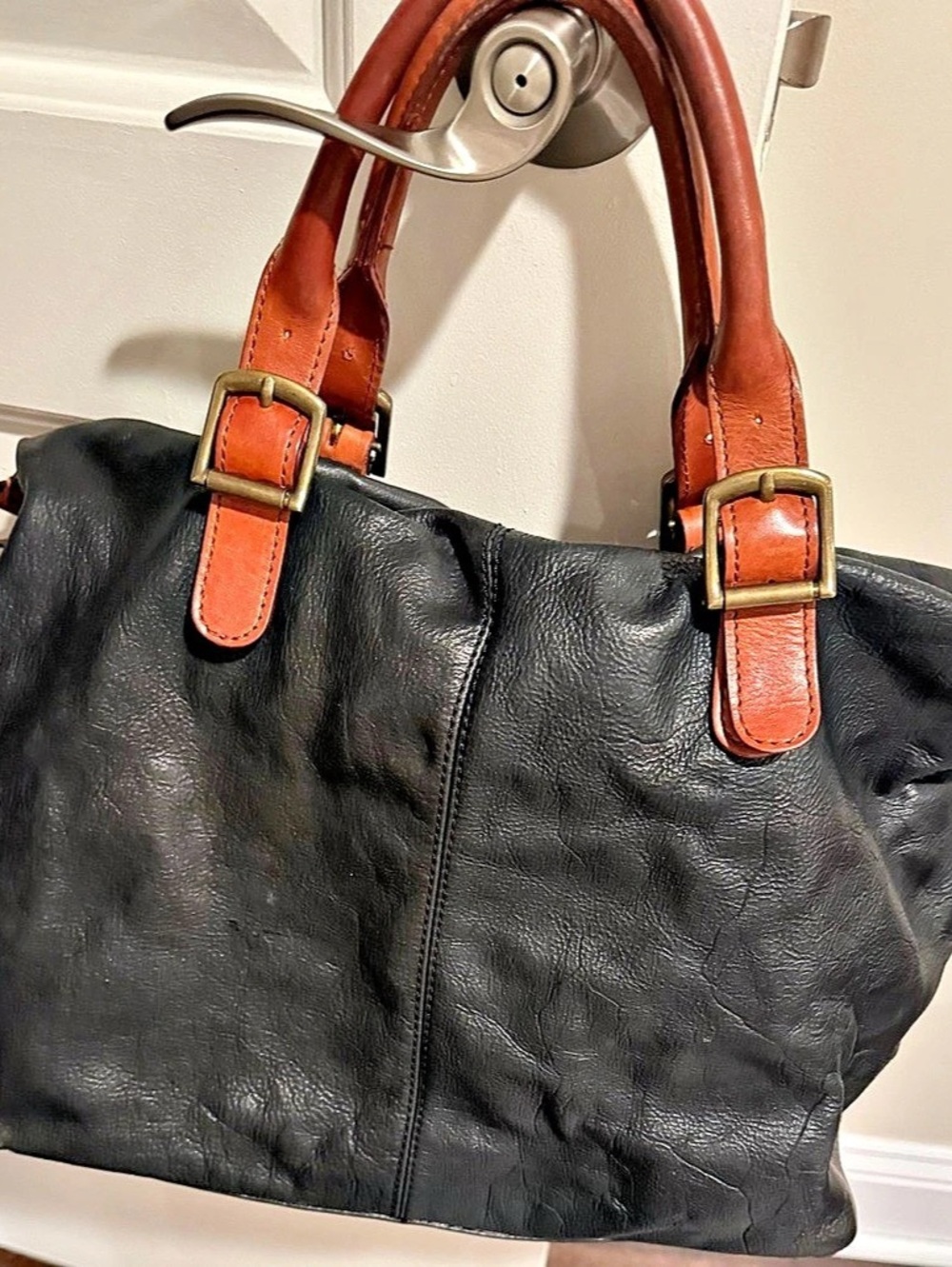 Fossil Leather Tote in Black & Brown